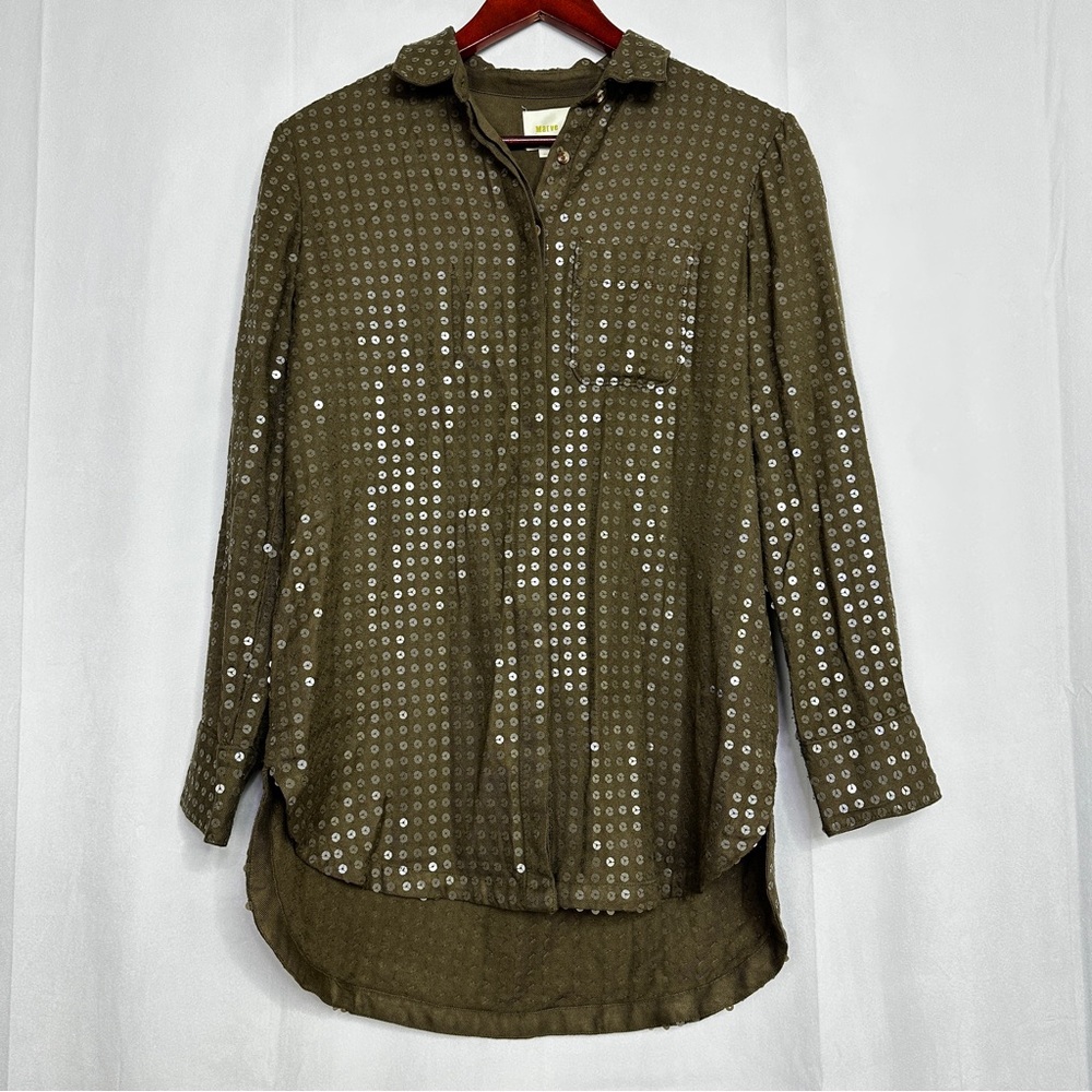 Maeve Sequin Button Up Long Sleeve Boho Collared Holiday Shirt Anthropologie